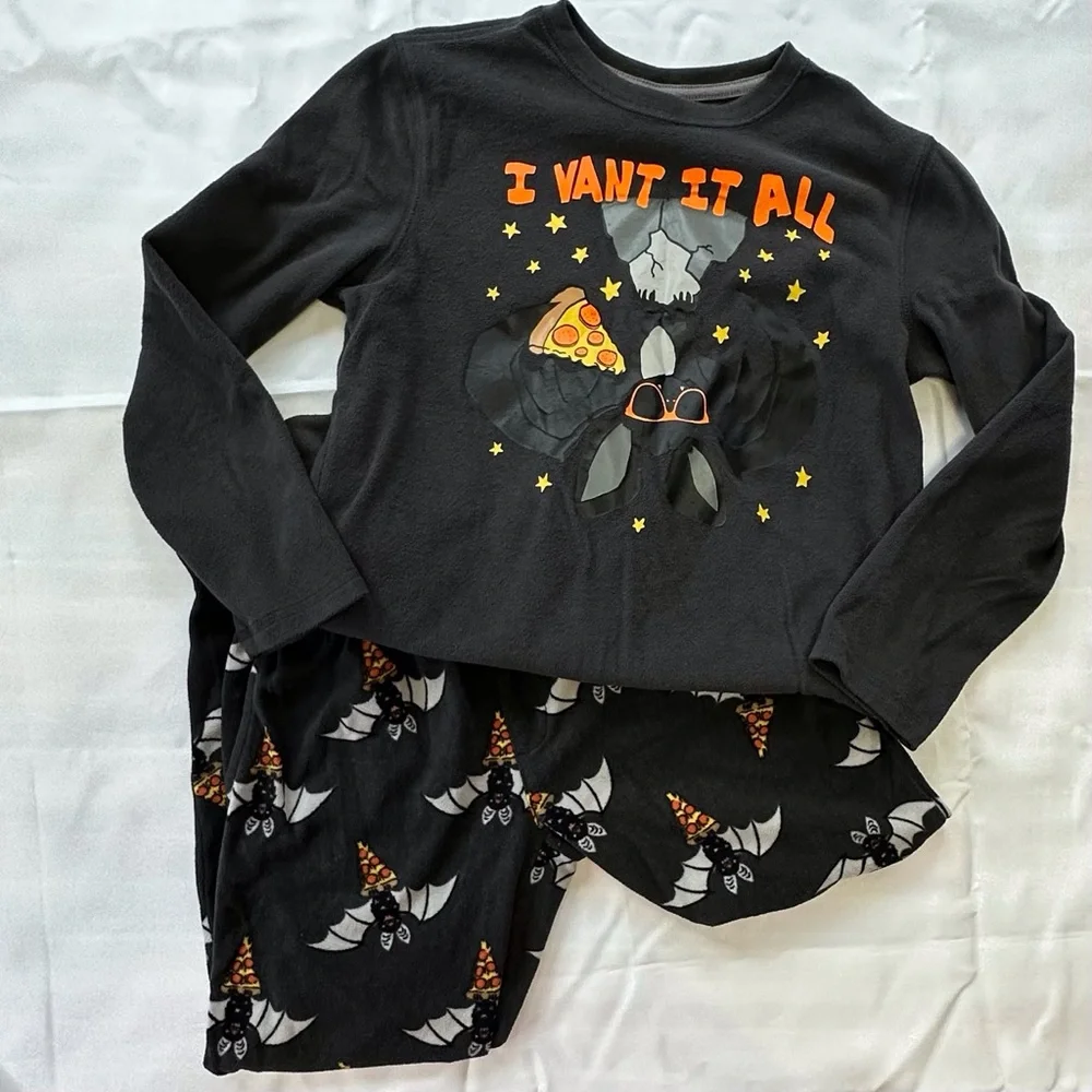 Old Navy Halloween theme‎ dark gray fleece pajama set boys L 10-12 bats pizza